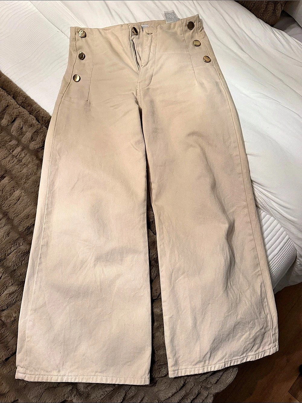 Zara Gold Button Wide Leg Trousers Beige Size 4
